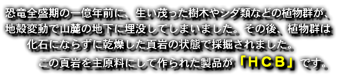 恐竜全盛期の一億年前に、生い茂った樹木やシダ類などの植物群が、 地殻変動で山麓の地下に埋没してしまいました。その後、植物群は 化石にならずに乾燥した頁岩の状態で採掘されました。 この頁岩を主原料にして作られた製品が「ＨＣＢ」です。　