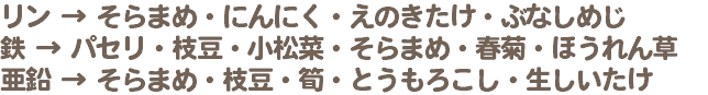 リン → そらまめ・にんにく・えのきたけ・ぶなしめじ 鉄 → パセリ・枝豆・小松菜・そらまめ・春菊・ほうれん草 亜鉛 → そらまめ・枝豆・筍・とうもろこし・生しいたけ