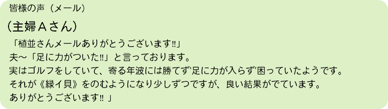 　皆様の声（メール） （主婦Ａさん） 「植並さんメールありがとうございます‼」 夫～「足に力がついた‼」と言っております。 実はゴルフをしていて、寄る年波には勝てず‘足に力が入らず’困っていたようです。 それが《緑イ貝》をのむようになり少しずつですが、良い結果がでています。 ありがとうございます‼ 」