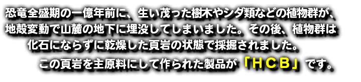 恐竜全盛期の一億年前に、生い茂った樹木やシダ類などの植物群が、 地殻変動で山麓の地下に埋没してしまいました。その後、植物群は 化石にならずに乾燥した頁岩の状態で採掘されました。 この頁岩を主原料にして作られた製品が「ＨＣＢ」です。　